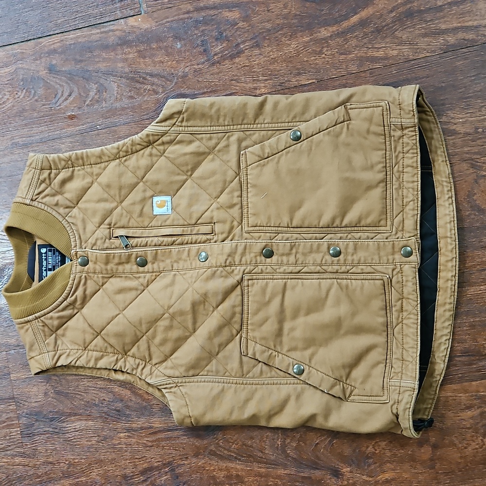CARHARTT RUGGED FLEX® RELAXED FIT CANVAS INSULATED RIB COLLAR VEST SZ S TAN